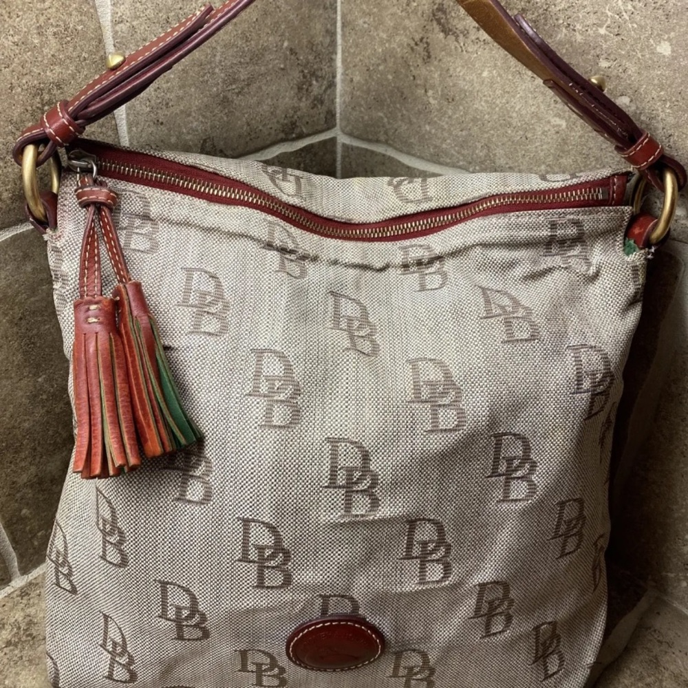 Dooney & Bourke Signature Khaki Red Canvas Tassel Shoulder Bag BEST DEAL!